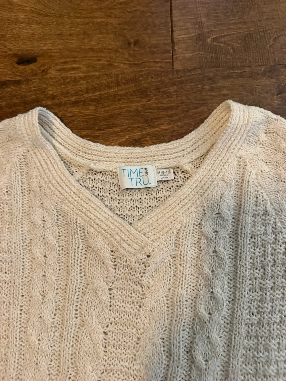 Time and Tru Cream Cable-Knit V-Neck Pullover Sweater